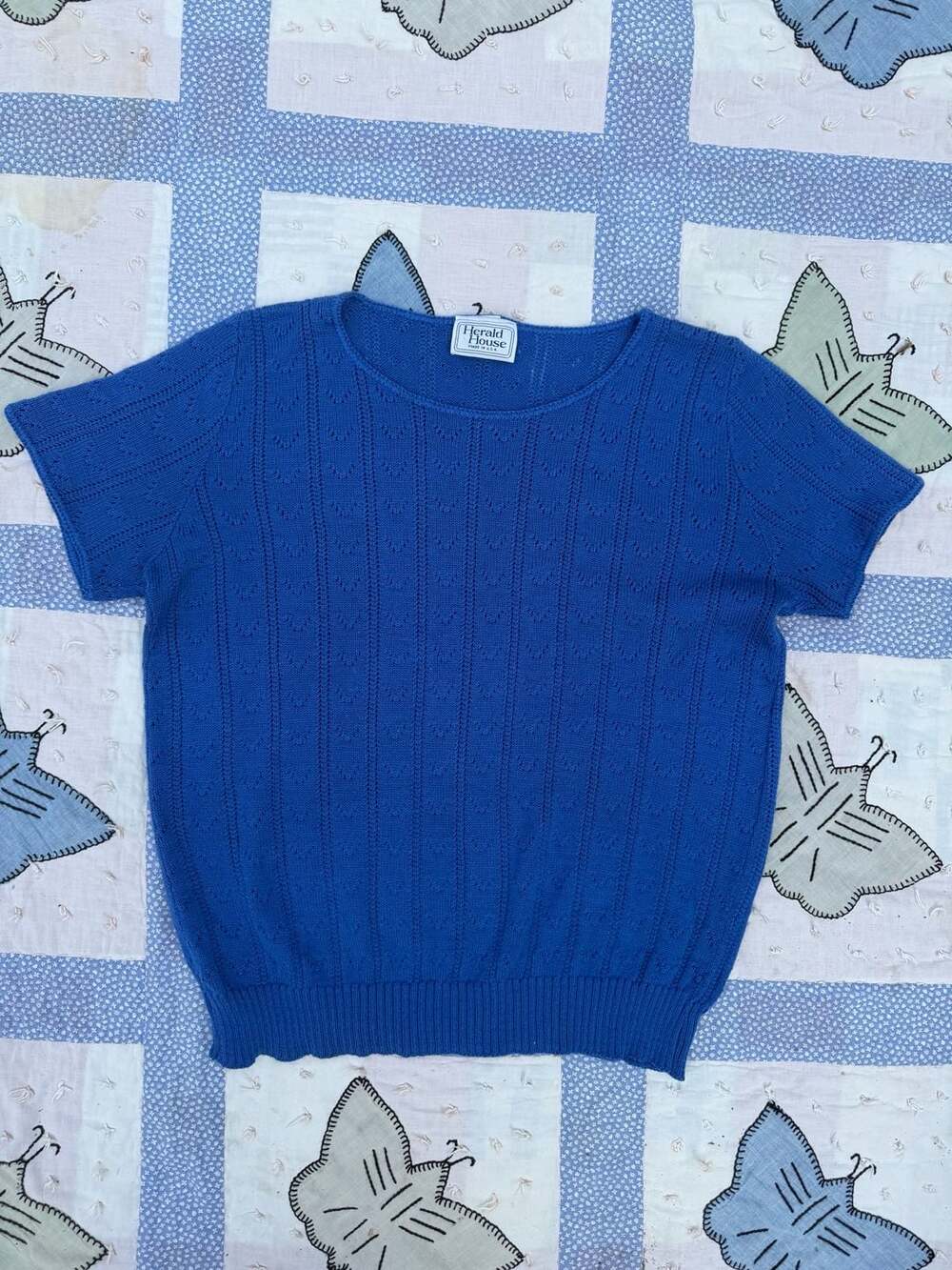 Herald House Vintage Blue Short Sleeve Knit Pointelle Sweater Made in USA